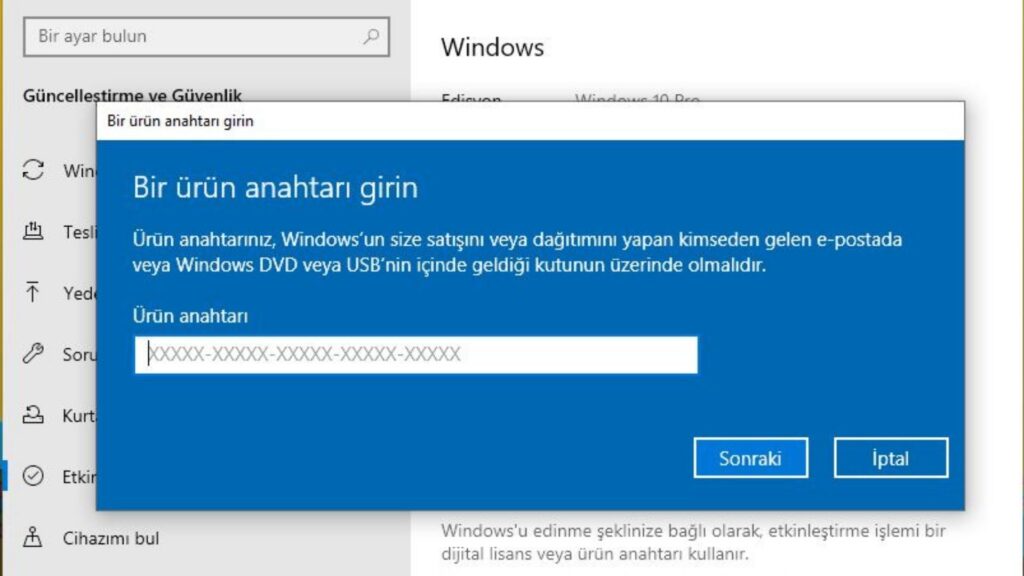Windows 10 Ürün Anahtarı Etkinleştirme